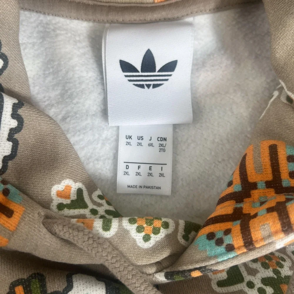 Adidas Originals Hoodie Mens 2XL Beige‎ Trefoil Allover Graphic Tile Pullover